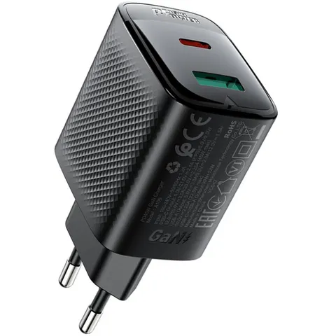 Зарядний пристрій 2xUSB 45W (USB-C+USB-A) Gan A106 Black Acefast