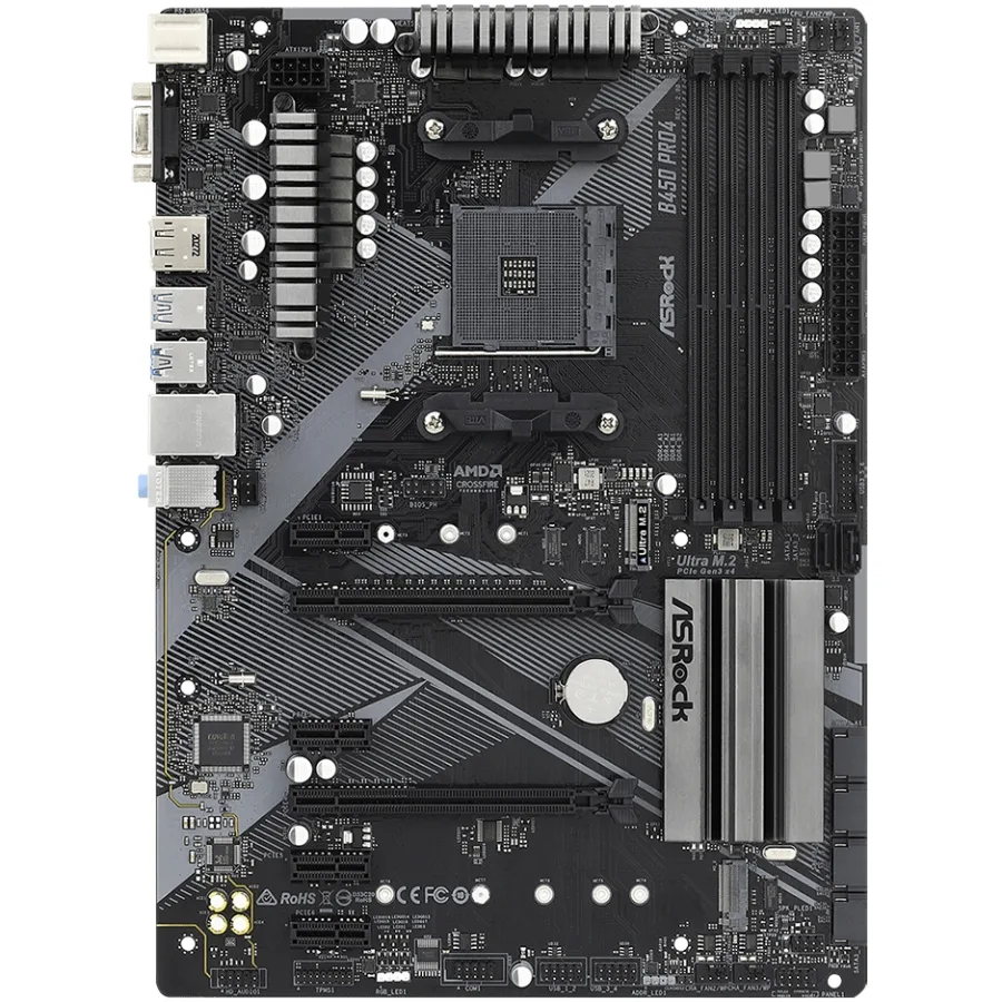 ASRock B450 PRO4 R2.0 (AM4/B450, 4*DDR4, PCIex16, DP, HDMI, VGA, 6xSATA, M.2,GLan, 8ch, ATX)