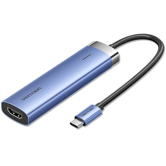 Док-станція USB3.1 Type-C --> HDMI 4K30Hz/USB 3.0x3/PD 100W Blue Aluminum Alloy Hub 5-in-1 Vention