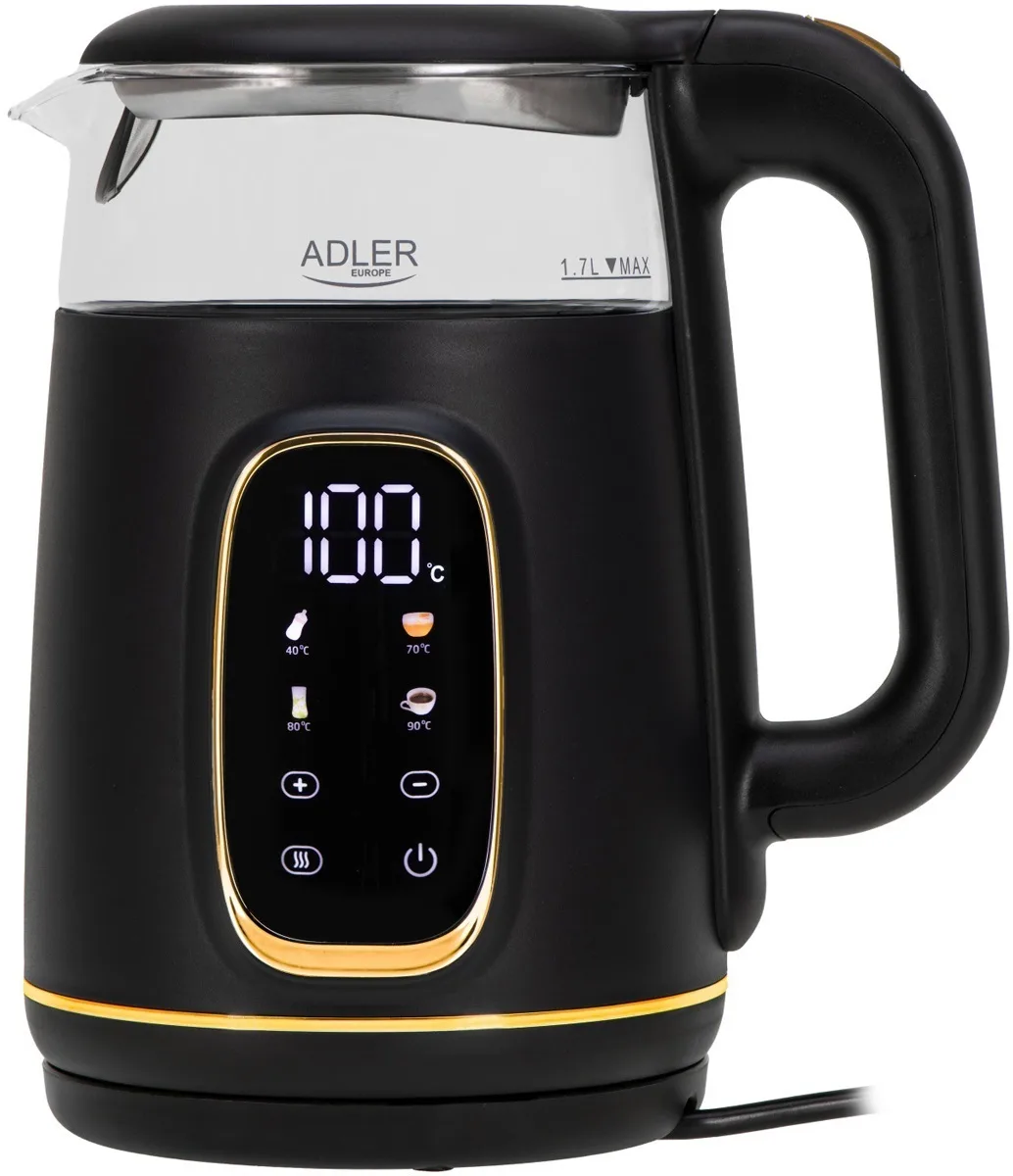 Електрочайник Adler AD 1305 black gold 1850-2200Вт/ 1.7л/ скло/ встановлення температури/