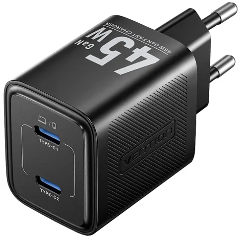 Зарядний пристрій 2xUSB-С 45W GaN чорний Vention