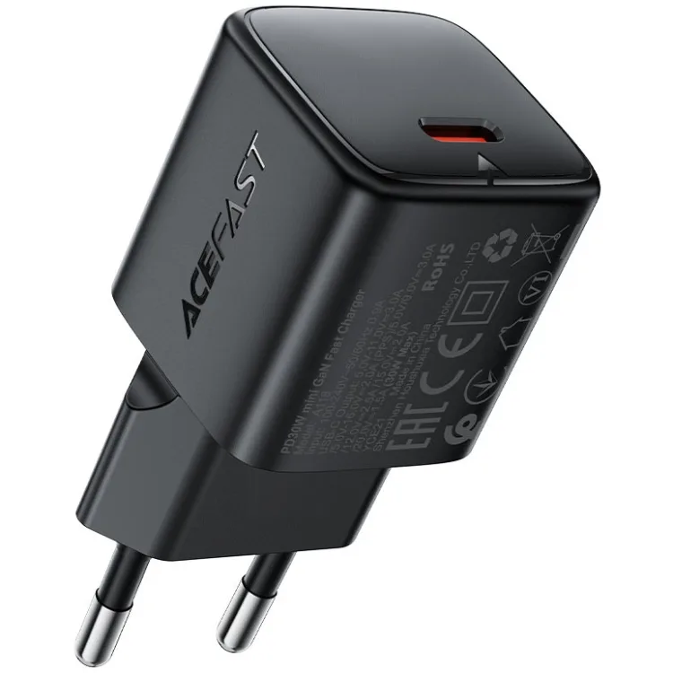 Зарядний пристрій 1xUSB-C 30W Gan A118 Fast Charger + USB-C cable black Acefast