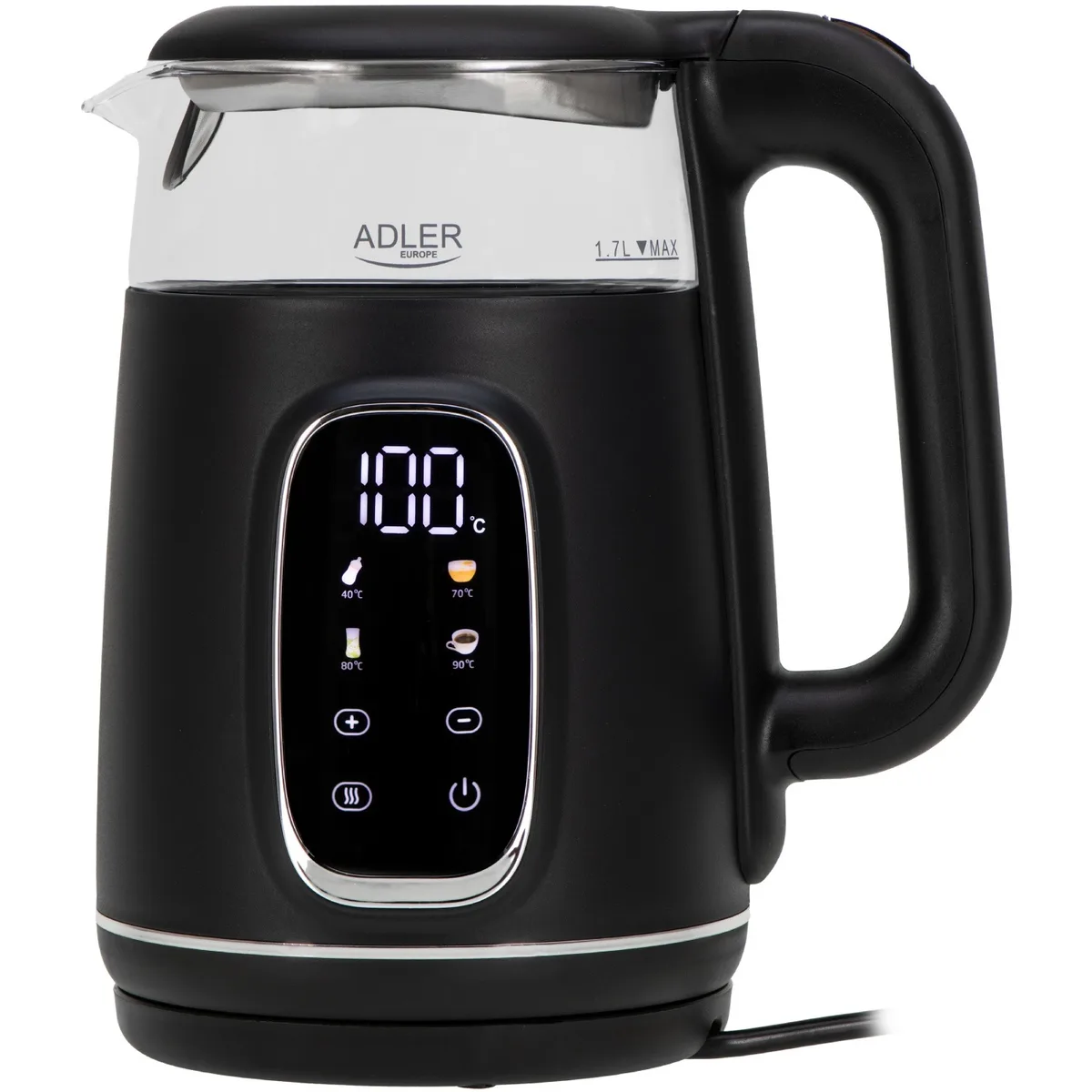 Електрочайник Adler AD 1305 black silver 1850-2200Вт/ 1.7л/ скло/ встановлення температури/